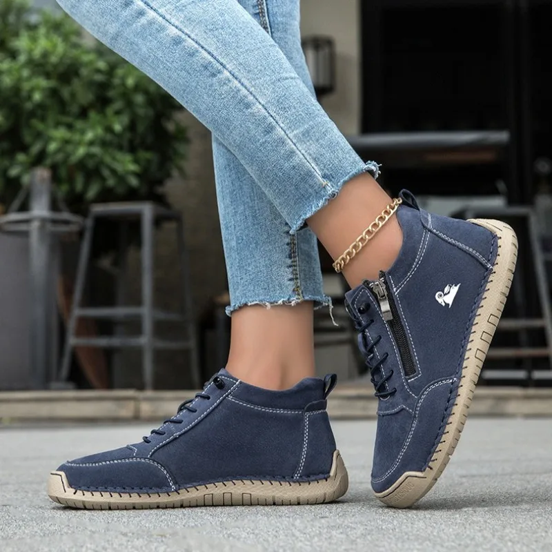 Men High Top Casual Leather Shoes Hand Stitched Ankle Boots Men Lace Up Side Zipper Outdoor Walking Sneaker Zapatos Botas Hombre
