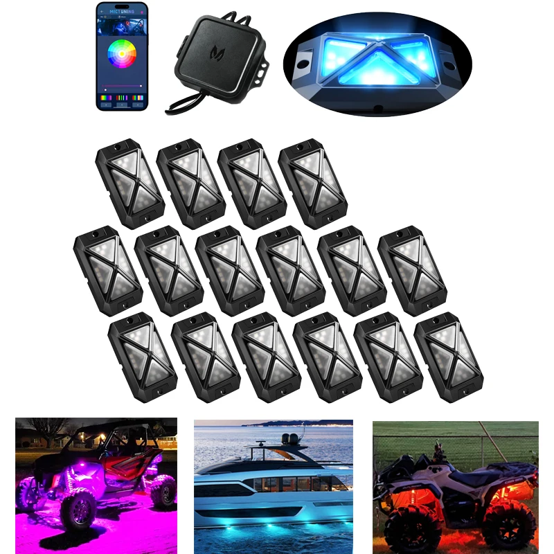MICTUNING 12/16 Pods C4 RGBW LED Rock Lights,Unique 4-Sided Design Neon Underbody,App Control Music Mode Undergolw Car Light