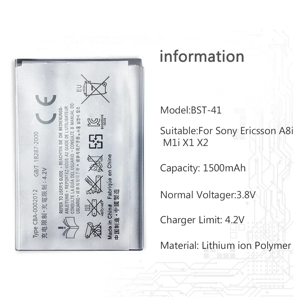 1500mAh Battery BST-41 for Sony Ericsson A8i M1i X1 X2 X10 X1a X2a Z1i BST 41 Rechargeable Li-polymer Batteries Warranty Track