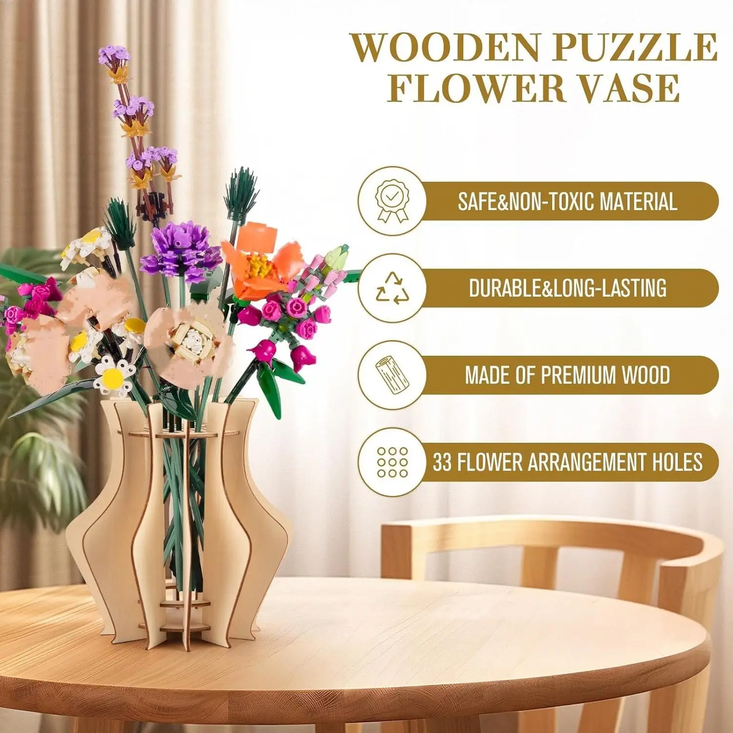 Wooden Vase for Lego Flowers, Vase Building Set for Roses, Wooden Puzzle Flower Vase for Lego Flower Bouquet Building Set - view 3