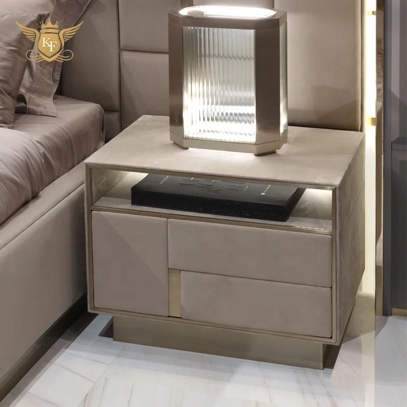 High End Luxury Design Bedroom Furniture Bed Side Table Storage Cabinet Bed Room Drawer Stainless Steel Metal Wooden Nightstand