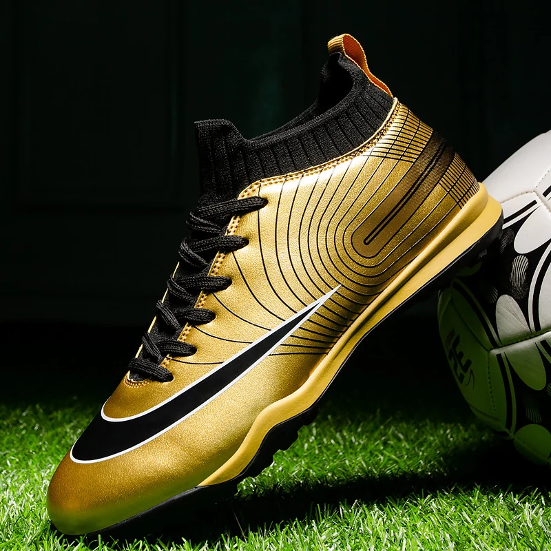 

2025 Gold Men Soccer Boots Adult Kids Sports Football Boots Men Outdoor Grass Soccer Cleats Anti skid Futsal Turf Sneakers Men