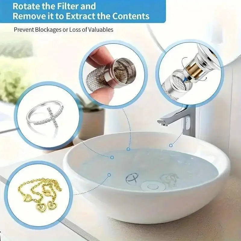 Haarfänger und Abflussstopper für Badezimmerwaschbecken - Universeller Pop-Up-Abflussfilter mit Edelstahlkorb, Abflussgitter – Detail 5