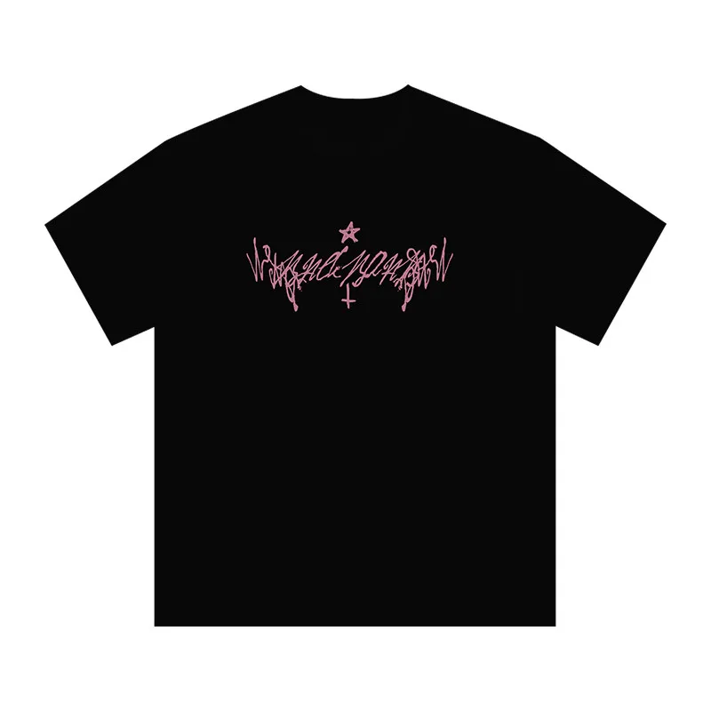 Men's Gothic Graffiti Graphic T-Shirt with Pink Star & Cross Print 2026 Summer Cotton Oversized Streetwear Tee for Alt Fans