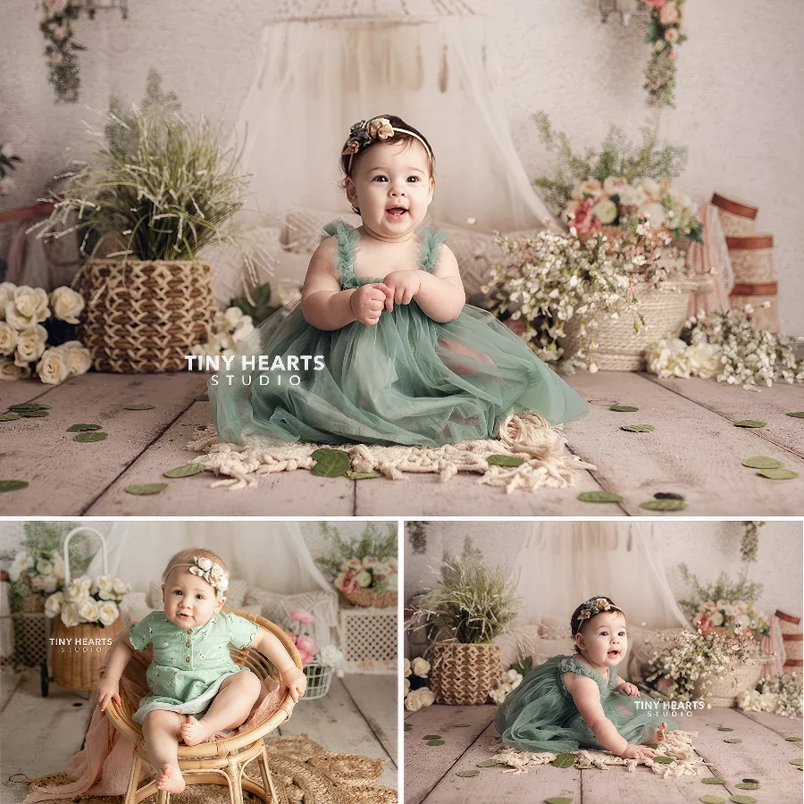 Baby Shower Background Birthday Decoration Greenery Bohemia Country Style Decorat White Cake Smash Portrait Backdrop Photography