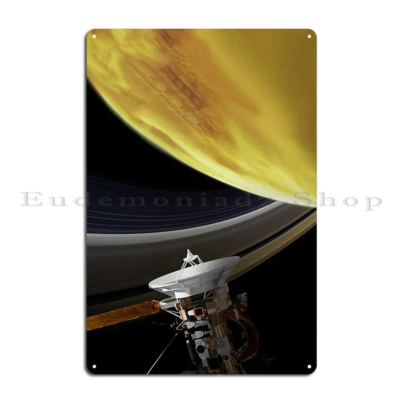 Saturn And Cassini Probe Space Poster Metal Plaque Poster Painting Sign Wall Decor Wall Decor Designs Tin Sign Poster