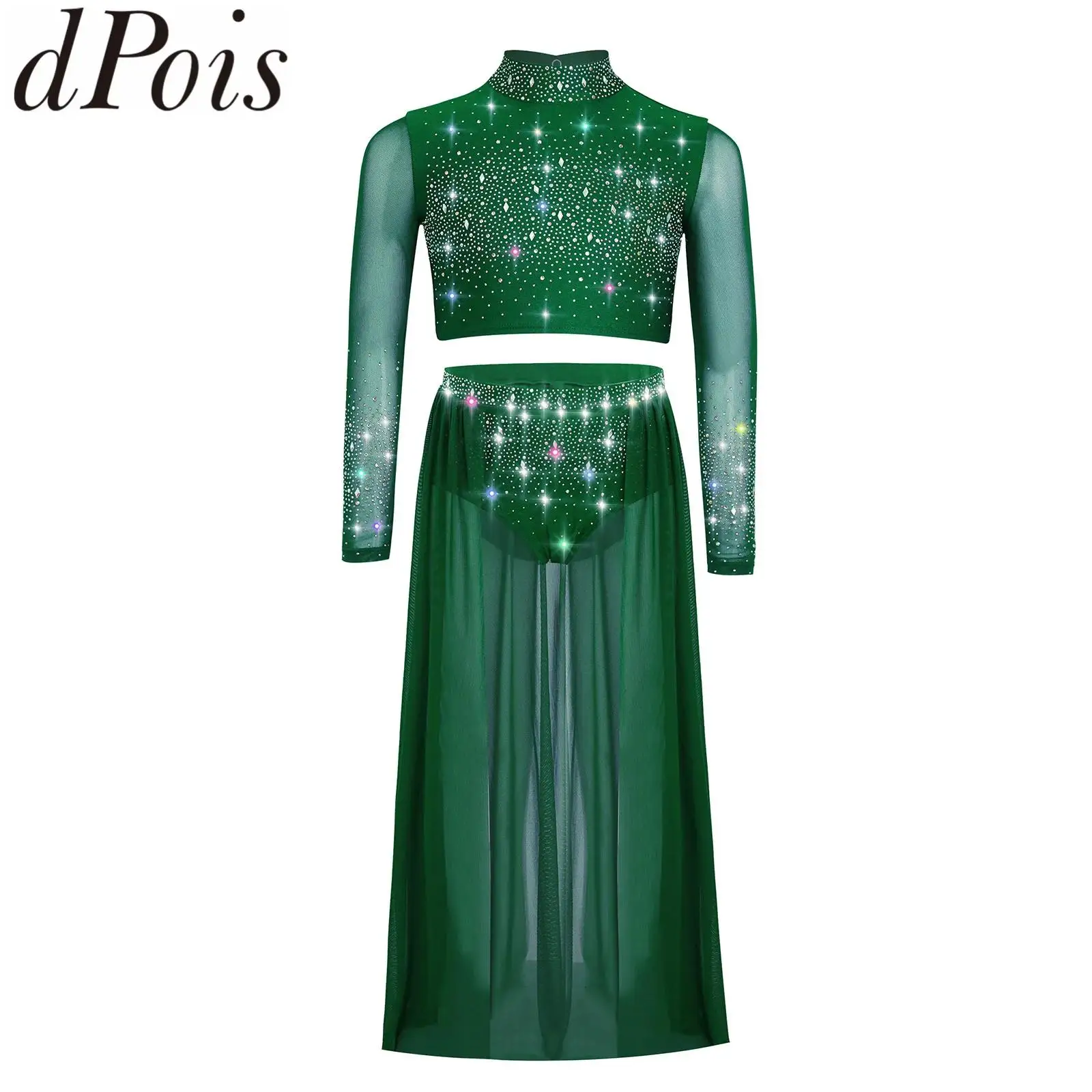 Kinderen meisjes ballet lyrische danskostuum lange mouw strass crop top met vloeiende rok set kunstschaatsen dansvoorstelling