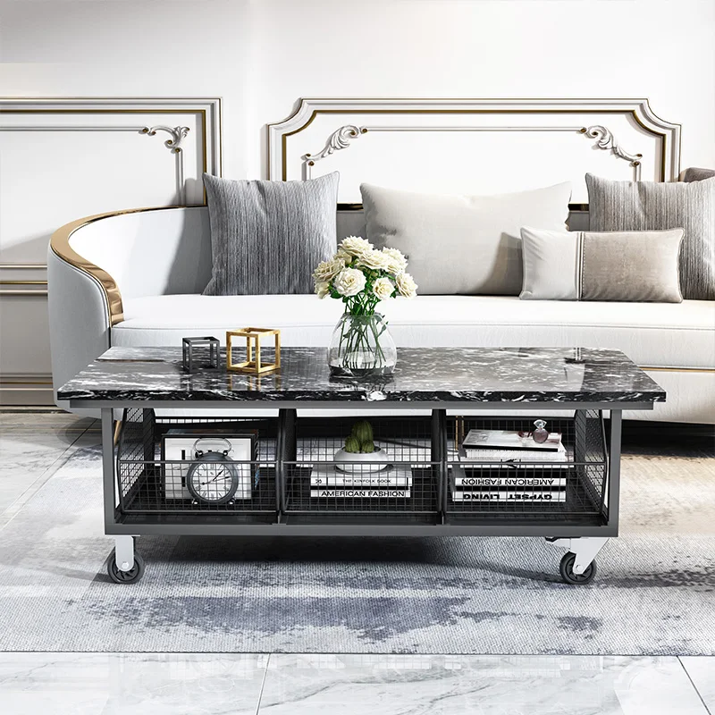 Household removable coffee table, living room with wheels multi-function, marble tea table