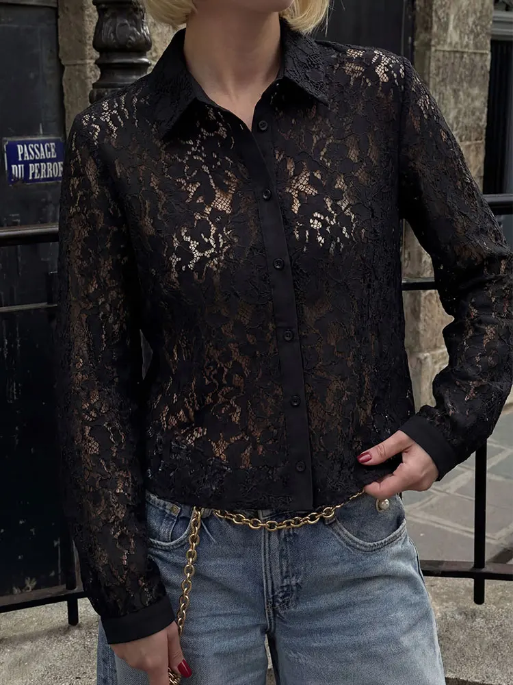 

HH Women's Floral Lace Blouse Long Sleeve Single Breasted Lapel Shirt Summer Female Streetwear Party Club Outfits Top