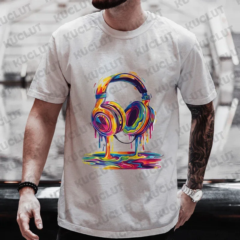 Summer Men\'s Oversized Clothing Hip Hop Melting Headset Graphic Tee Shirt Men Casual Streetwear Funny Printed Tops Cool T-shirt