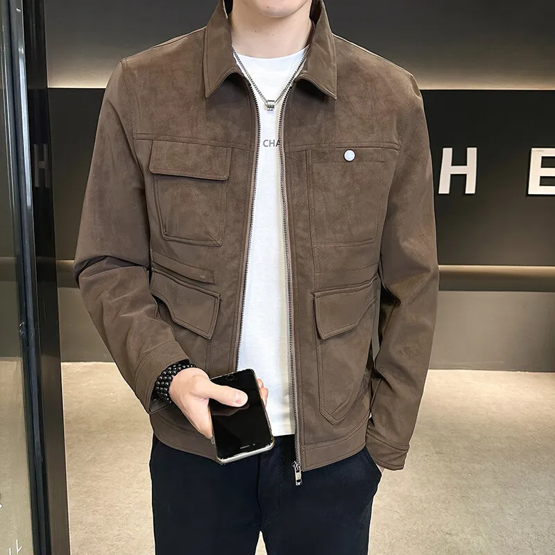 2025 Nowa zamszowa kurtka męska z klapami i klapami Premium