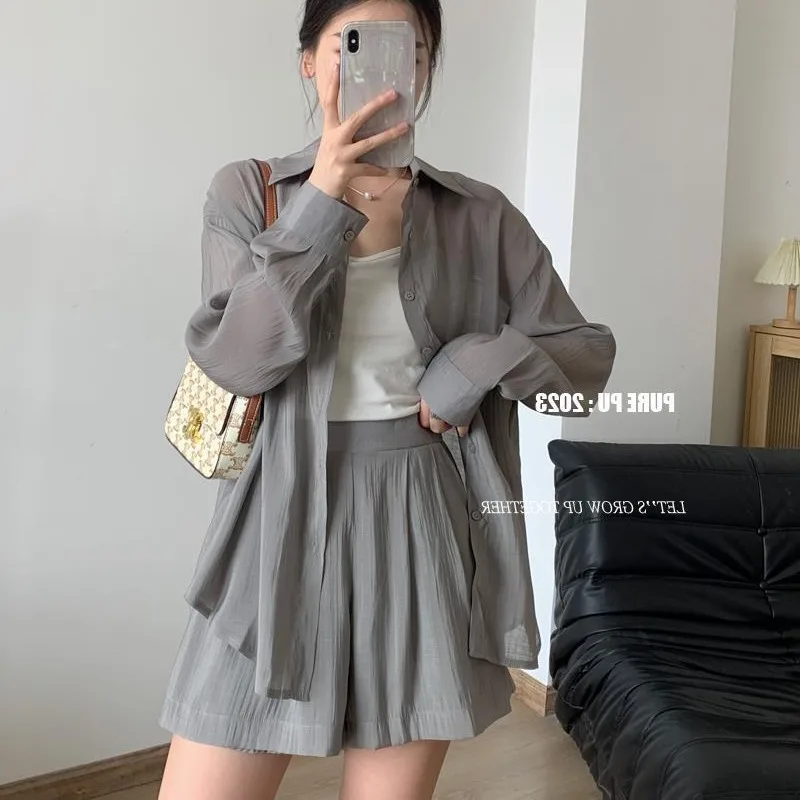 Summer Women's Shorts Set Korean Fashion Matching Set Loose Long-sleeved Sunscreen Thin Shirt High Waist Wide-legged Shorts 2pcs