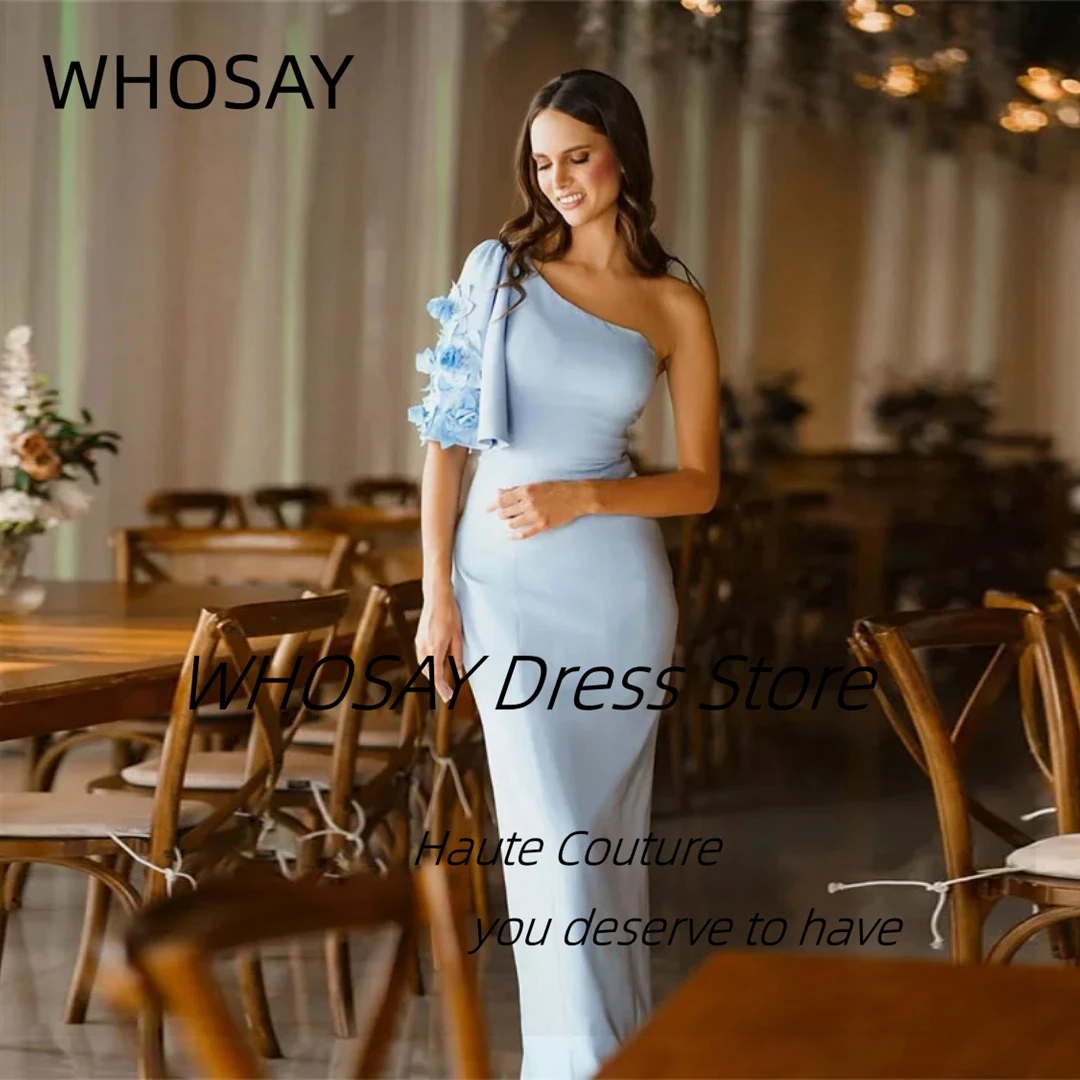 WHOSAY Half Sleeve Prom Dresses Handmade Flowers One Shoulder Robe Des Marrige Long Sheath Birthday Party Evening Gowns