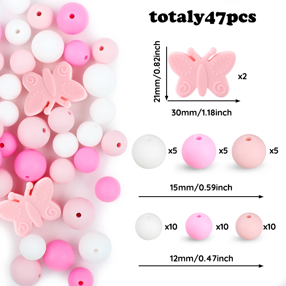 

47Pcs Butterfly Shape Silicone Beads Star Round Lentil Teething Beads DIY Set Pacifier Chain Bracelet Necklace Baby Accessories