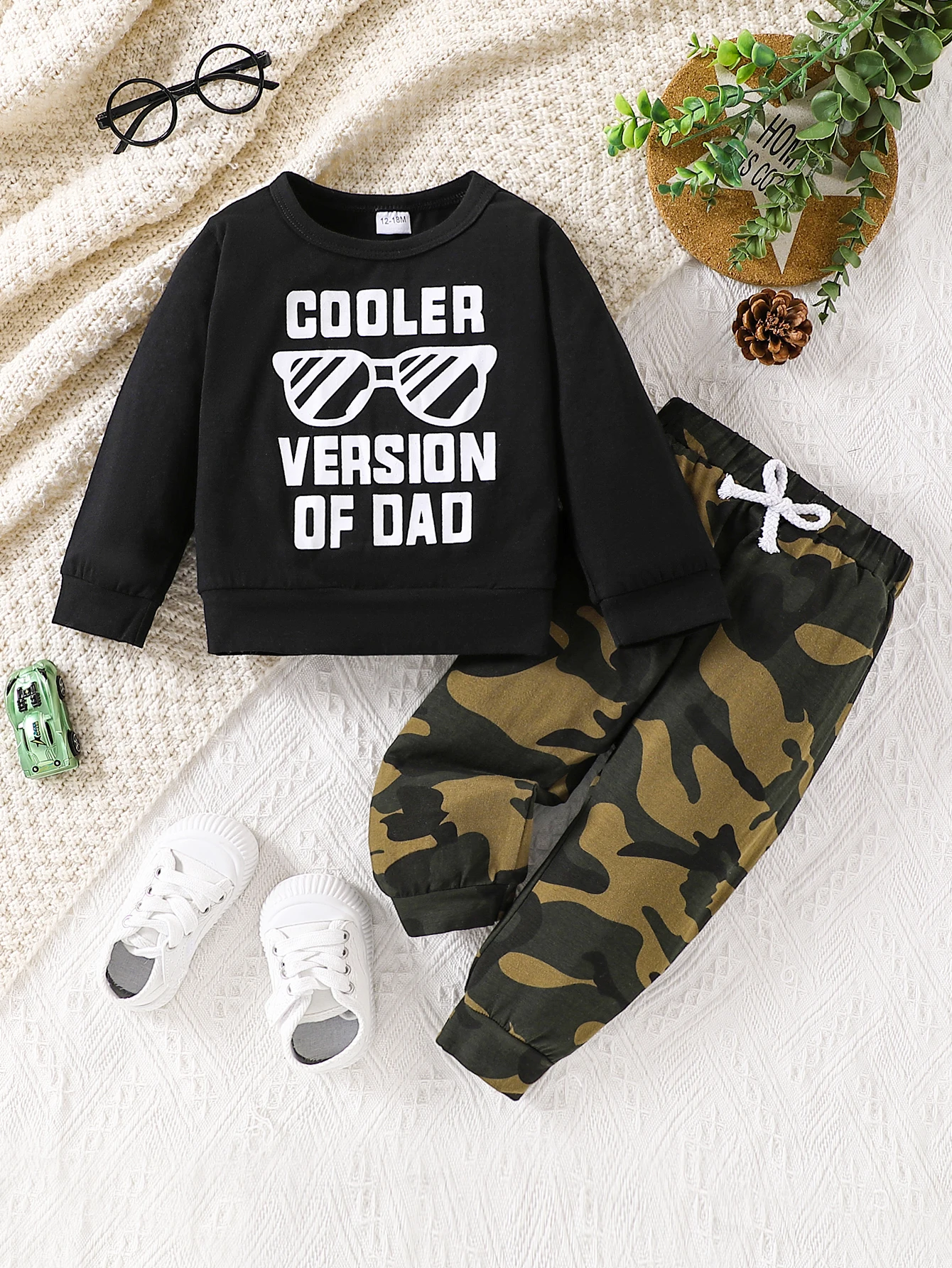 Cute Letter Print Baby Boys Tracksuit 6M-4Y Black Long Sleeve Pullover Camo Drawstring Jogger Trousers Soft Daily Playwear Suit