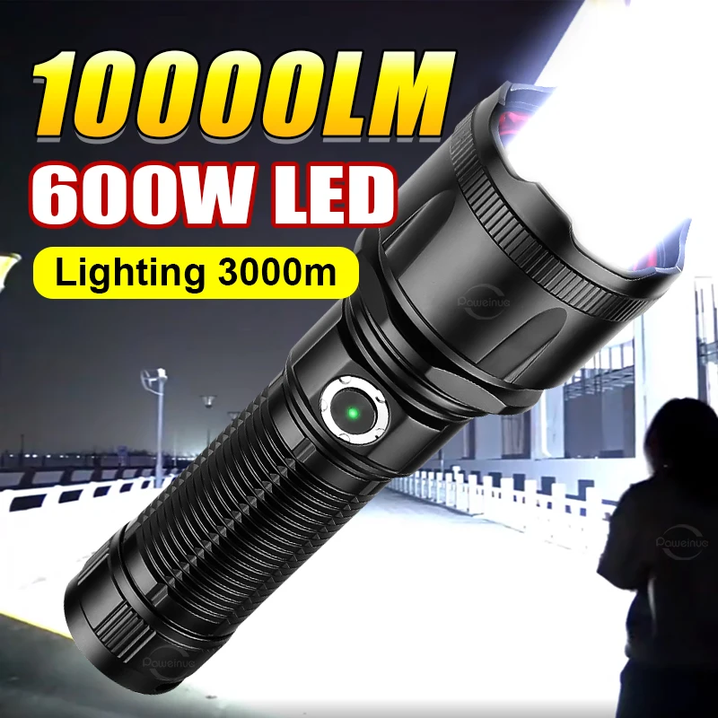 10000 Lumens Ultra powerful Flashlight 600W Lamp Bead Rechargeable Strong Power Led Flashlight Long Range Hunting Tactical Torch