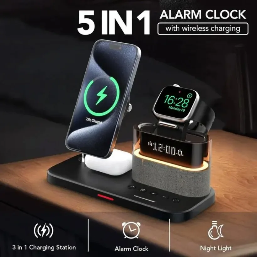 

Многофункциональная магнитная подставка для беспроводного зарядного устройства 5 в 1, RGB светодиодный ночник, будильник для iPhone, Samsung, Xiaomi, быстрая зарядка