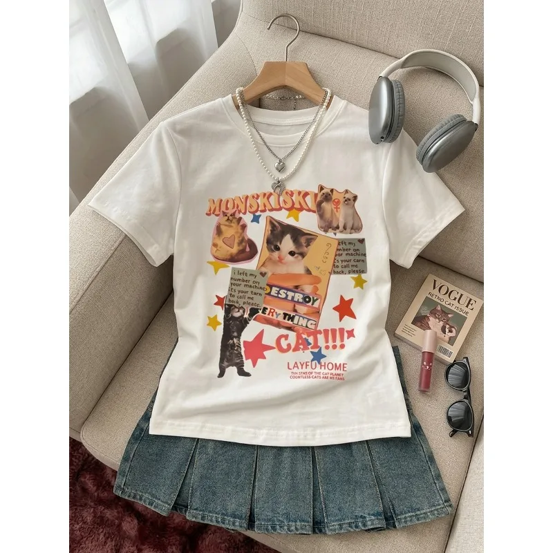 1pc Women'S Round Neck Tight Top Cartoon Animation Cat Heart Star Individual Print Niche Easy Age-Reducing Fun Elegant T-Shirt