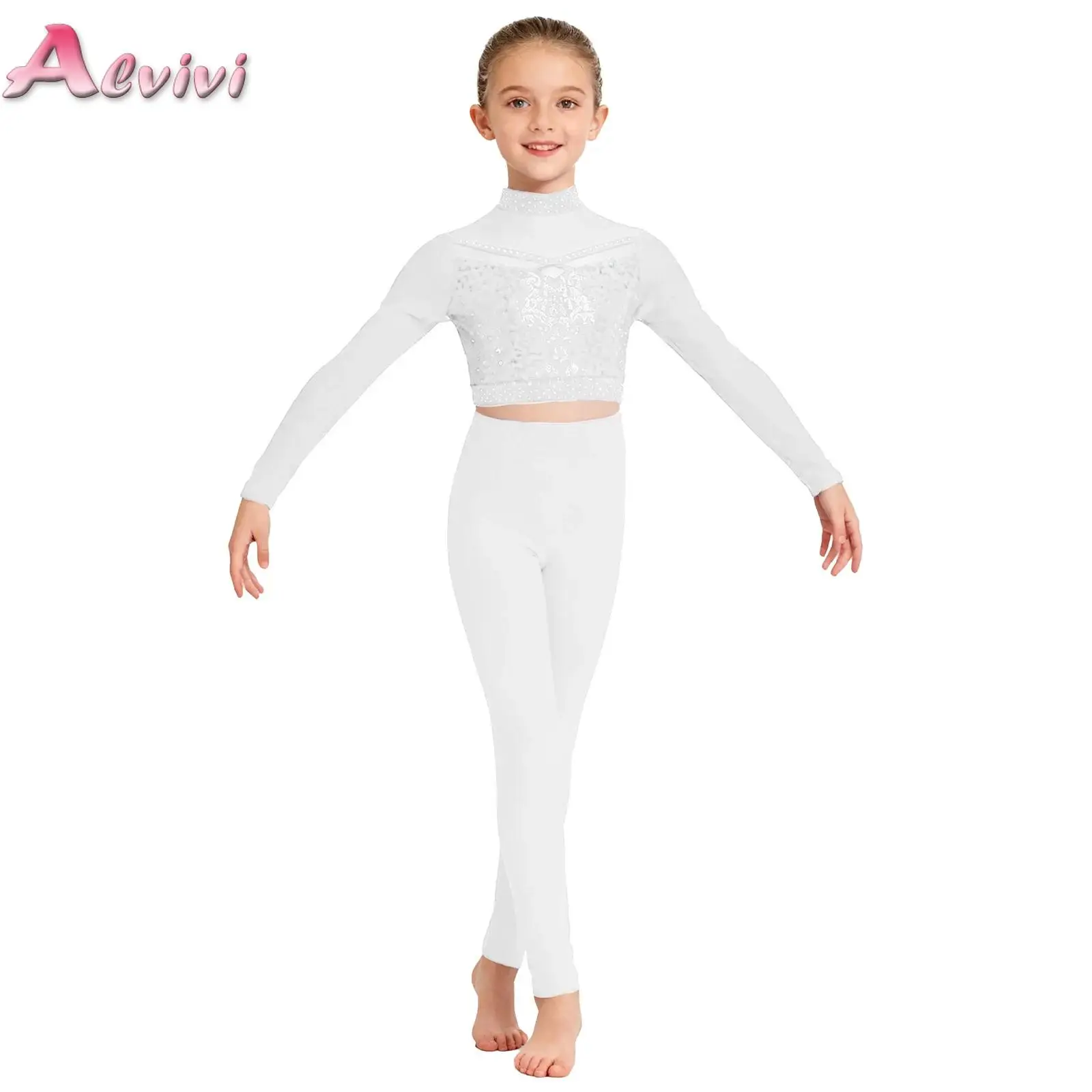

Kids Girls Tracksuit Jazz Ballet Dance Performance Costume Long Sleeve Mesh Shiny Sequins Crop Top with Leggings Sportswear Set