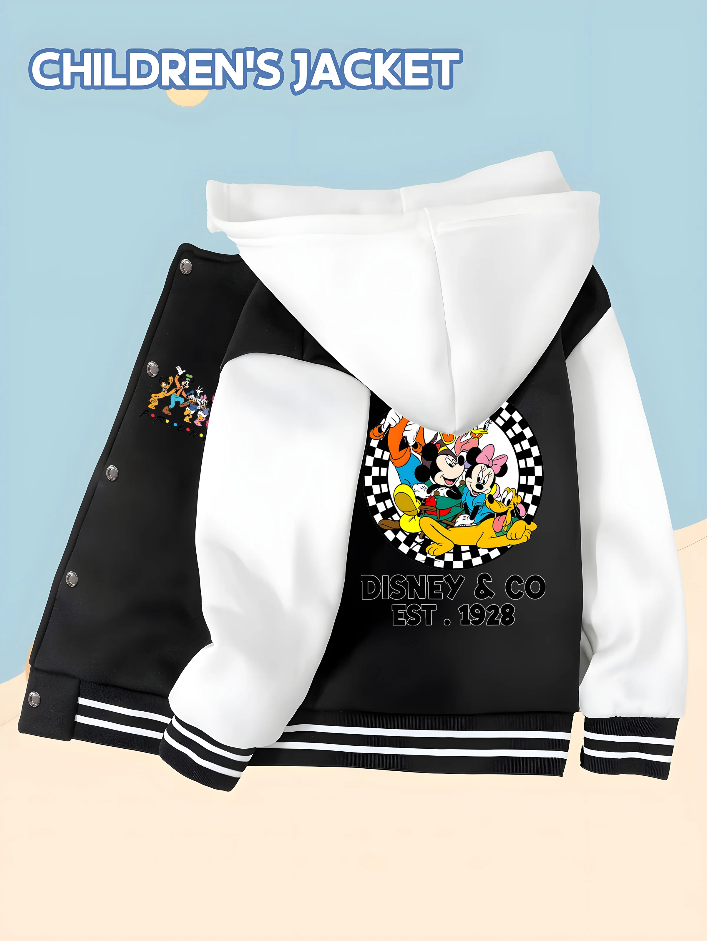 

MINISO Disney Boys' Baseball Jacket - Disney Classic Character Collection, Double-sided Mickey and Donald Duck Prints