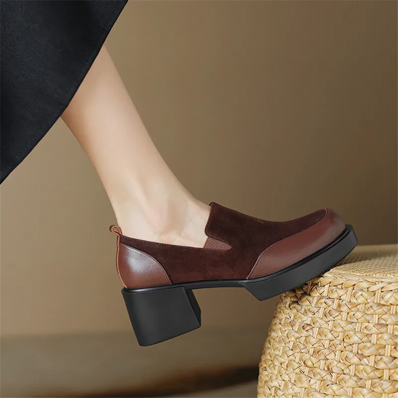 

2023 Autumn Genuine Leather Loafers French Round Toe Chunky Heel Women Pumps High Heels Shoes for Women Handmade Zaptos Mujer