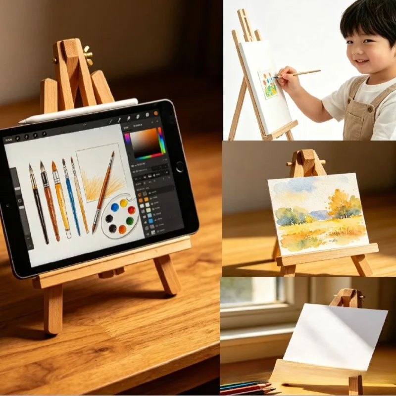 2026 Durable Natural Wood Color Trapezoid Mini Wooden Easel Small Easel for Kids Desktop Display Stand Phone Holder