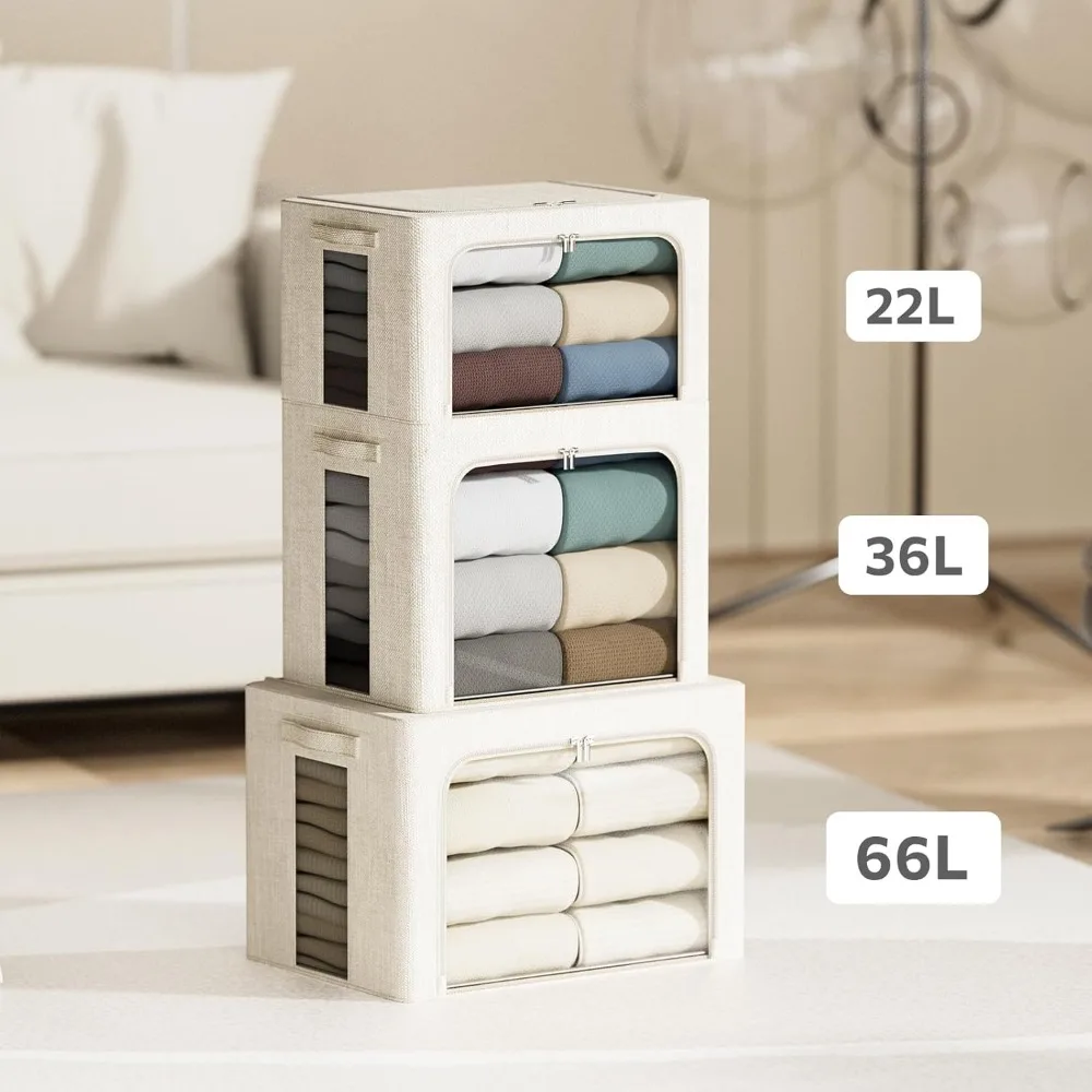 صناديق تخزين قماشية قابلة للطي بإطار معدني - صناديق تنظيم قابلة للتكديس سعة 22 لترًا مع أغطية للملابس وحلول تخزين المنزل