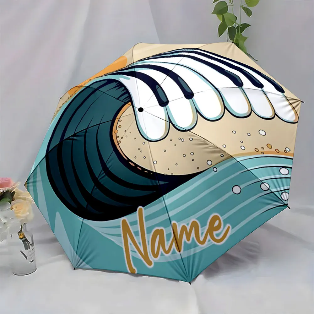 Custom Name Wave Design Umbrella Adds Style to Rainy Days Print 8 Iron Ribs Folding Umbrella, Auto-Open Fashion Sunshade