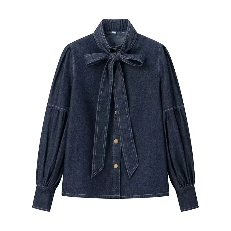 Spring New French Style Elegant Commuter Lace-up Bow Long Sleeve Collar Denim Shirt Fashionable Simple Slim Look Jacket Women