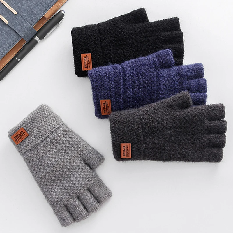 Wool Fingerless Knitting Glove Men Winter Warm Flexible Fingerless Gloves Unisex Solid Color Outdoor Thicken Touchscreen Glove