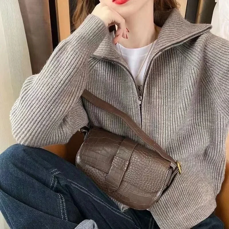 Zip-up Sweater Women Autumn and Winter 2024 New Knit cardigan Outerwear Loose All-Match Thickened Inner wear Lapel Top