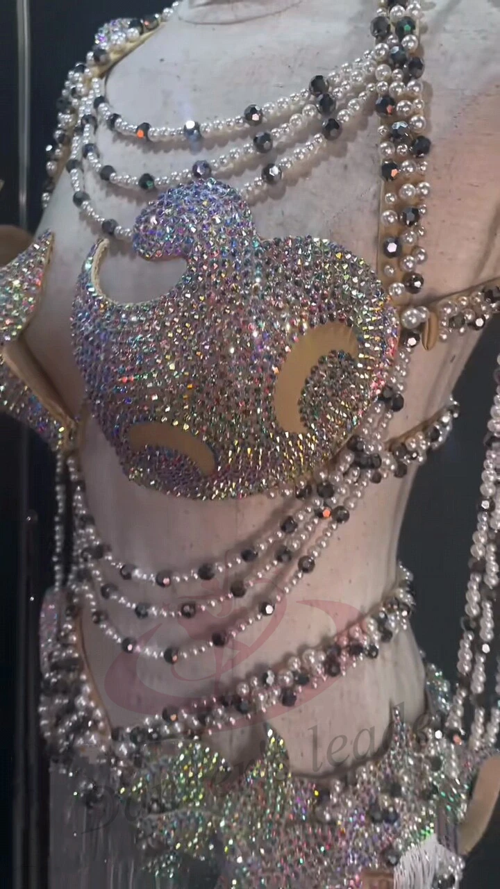 Belly Dancer, Adult And Children's High-End Customized White Heavy Bead String, Black Pool AB Stone Practice Race Dress