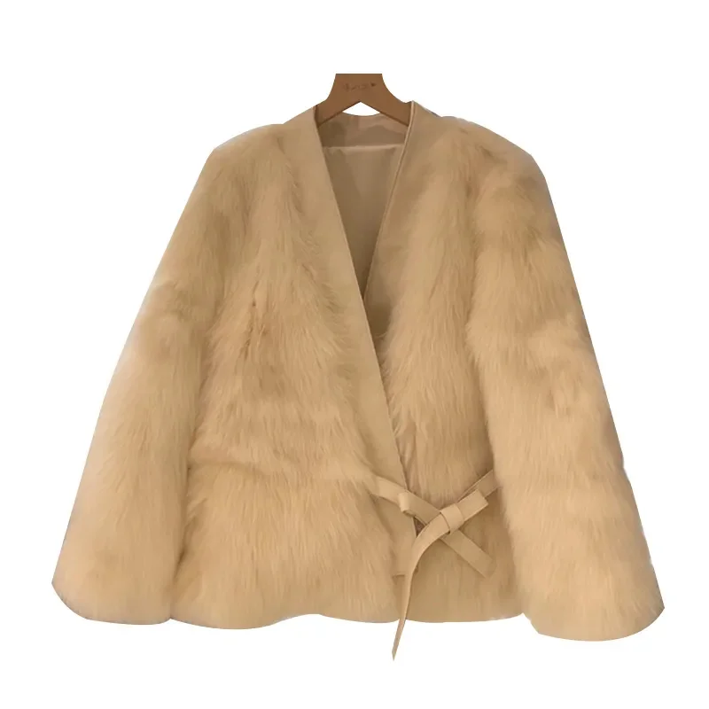 Women's Imitation Fur Jacket For Autumn Winter 2025 Light Luxury Fur Coat Lady's Splicing Outwear Loose Women's Coat Lace up