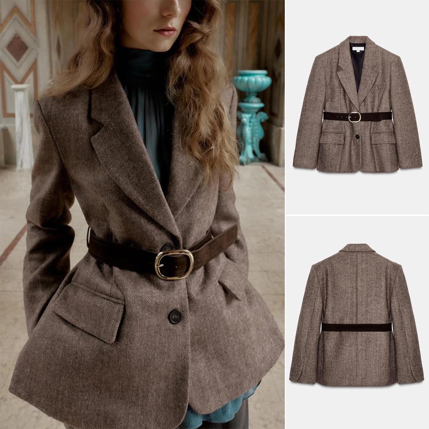 

Winter New Women's Long Sve Turn-down Collar oulder Pad Belted Herringbone Patterned Suit Jaet Commute Sle Loose Fit