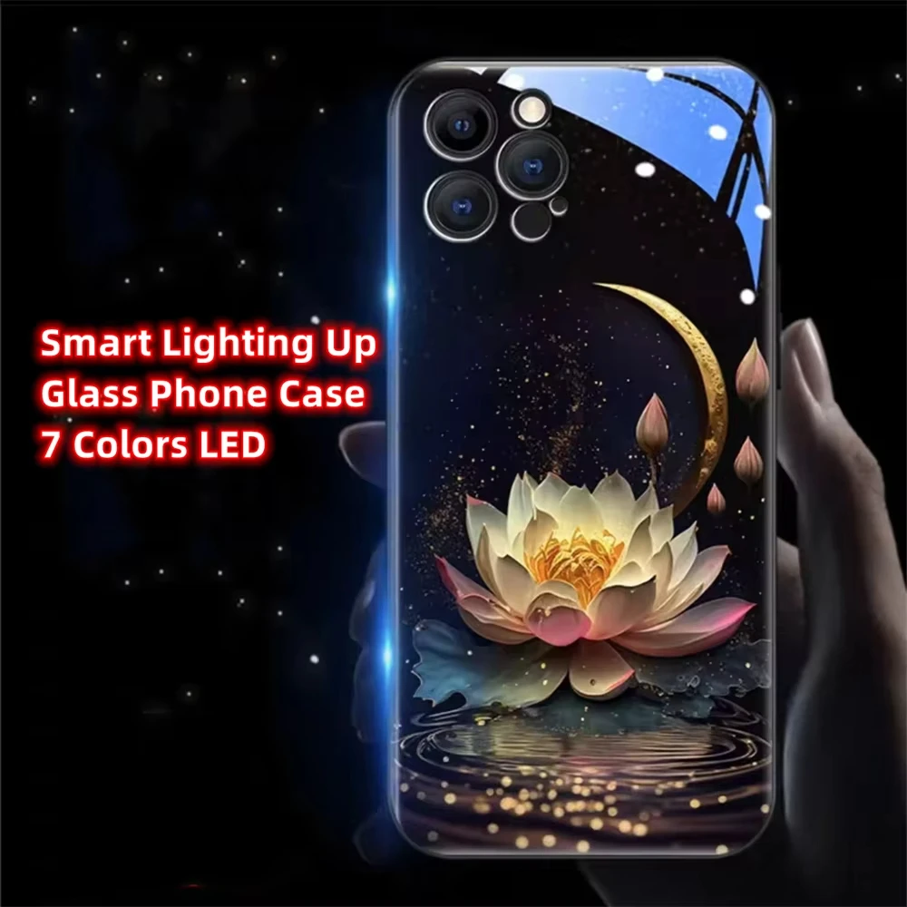 Dark Night Lucky Lotus Smart LED Light Glow Tempered Glass Phone Case For iPhone 16 15 14 13 12 11 Pro Max X XR XS Plus 8 SE2020