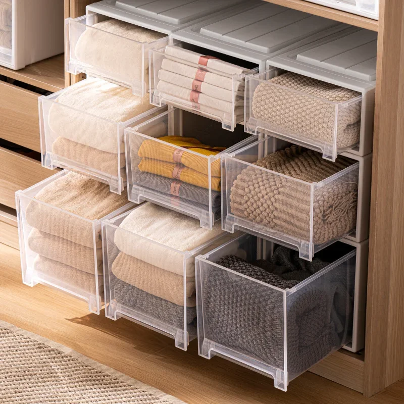 Stackable Wardrobe Storage Box Drawer Style Organizer for Clothes Under Countertop Container with Lid Closet Organizer