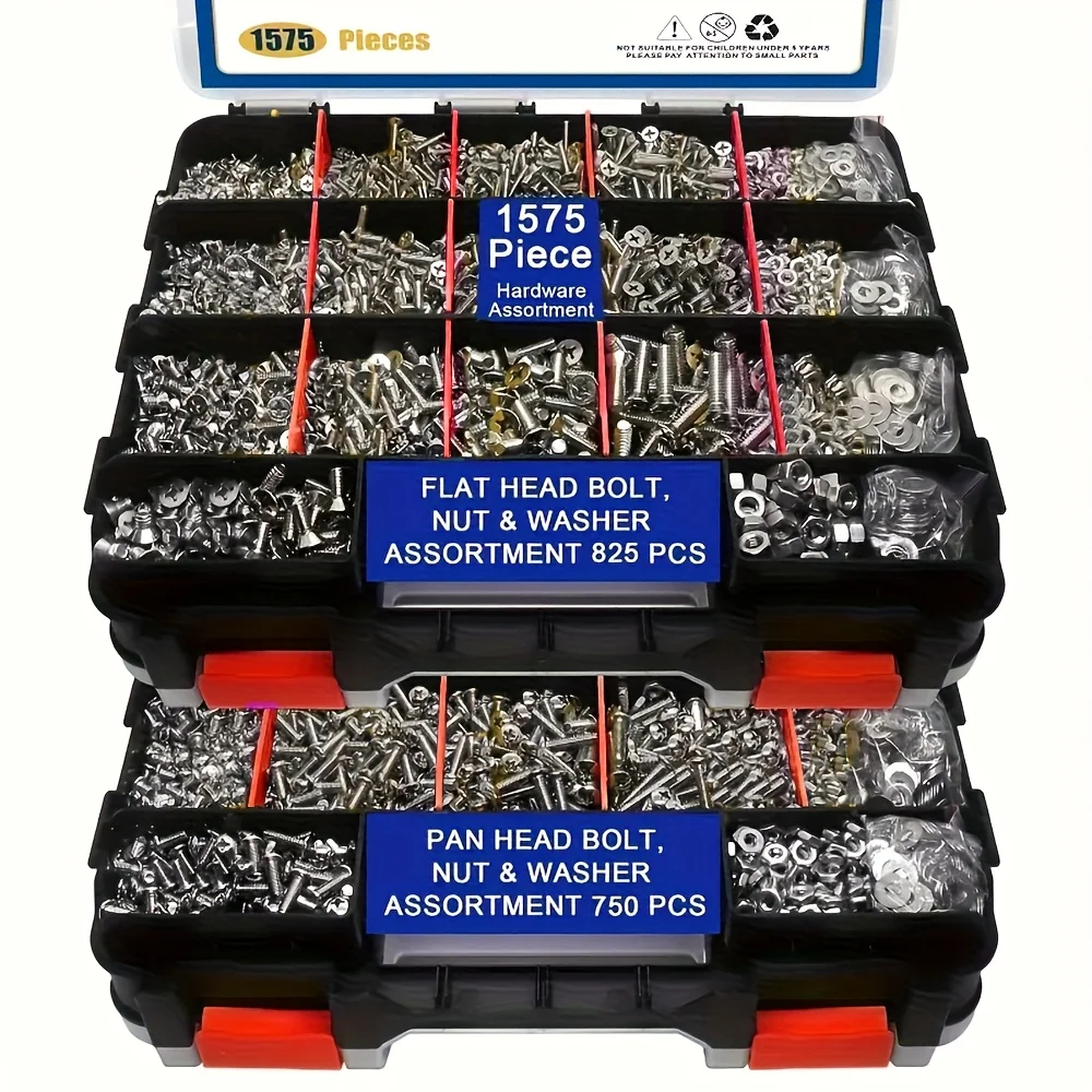 1575pcs Nut and Bolt Assortment Kit, Phillips Flat Head & Flat Head Screws, Nuts Bolts Washers Set with Double-Sided Organizer