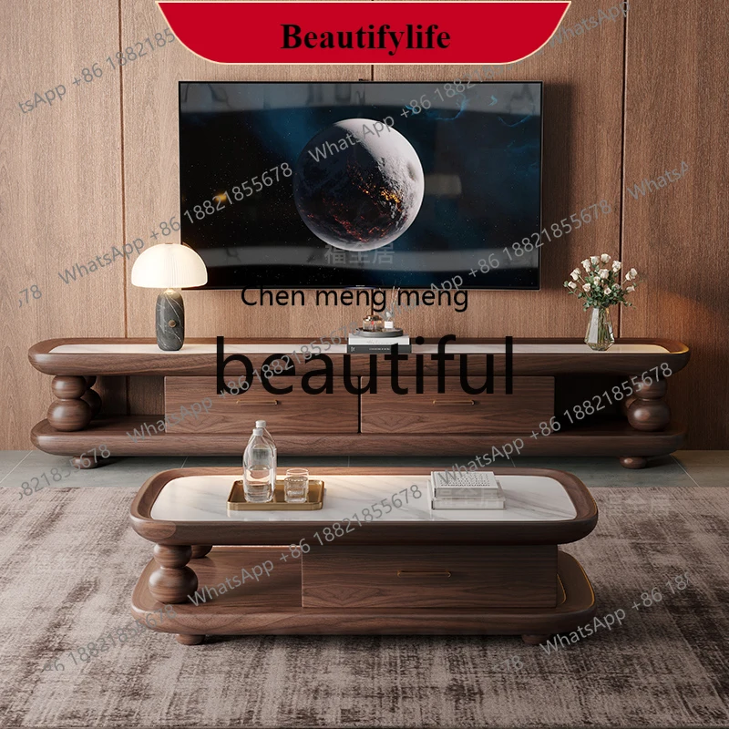 

G153 New Chinese ebony slate solid wood coffee table TV cabinet combination living room floor cabinet black walnut color