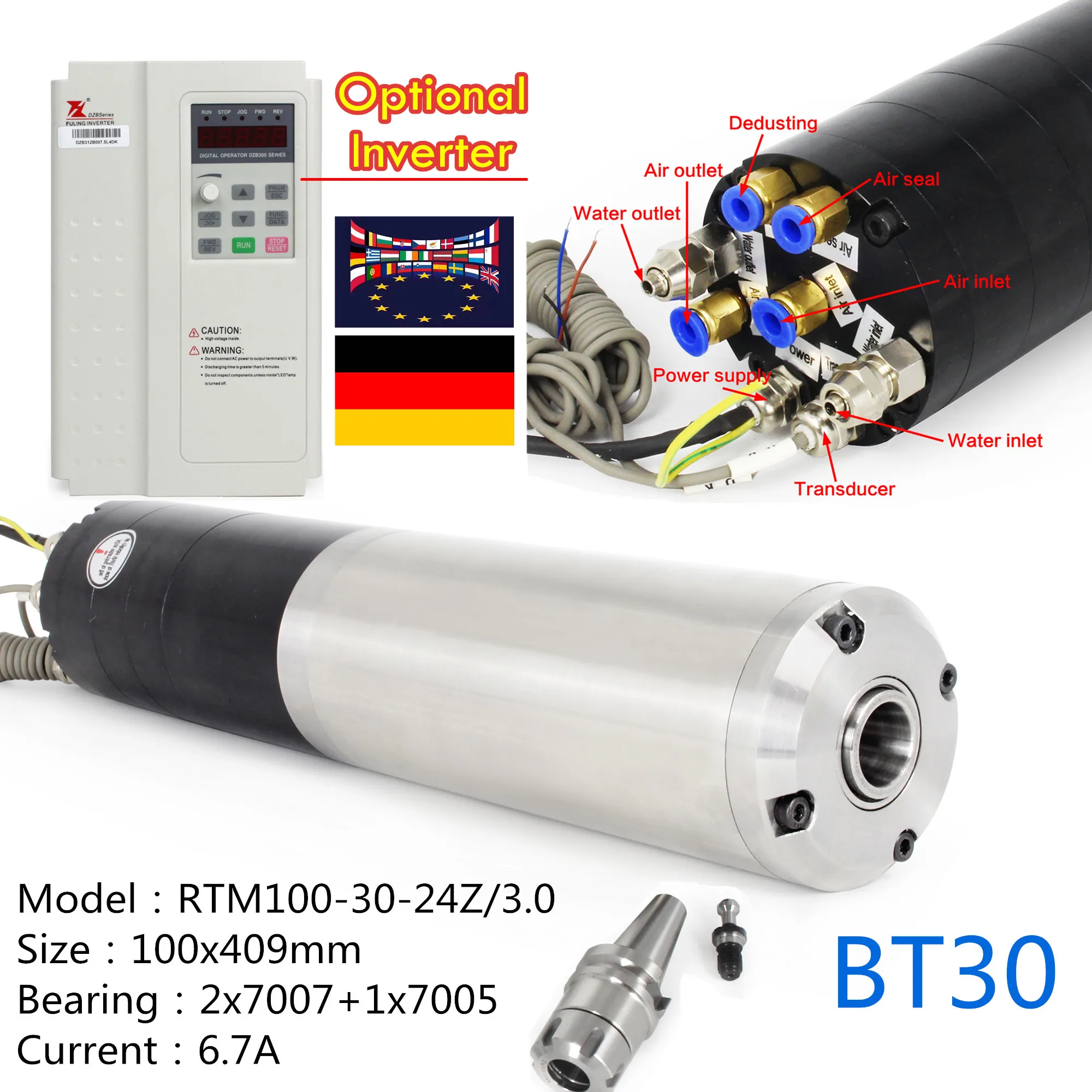 

『In EU』CNC Router Milling Kit Water cooled ATC Spindle BT30 3KW 220V / 380V + 3.7KW SUNFAR / Fuling Inverter VFD