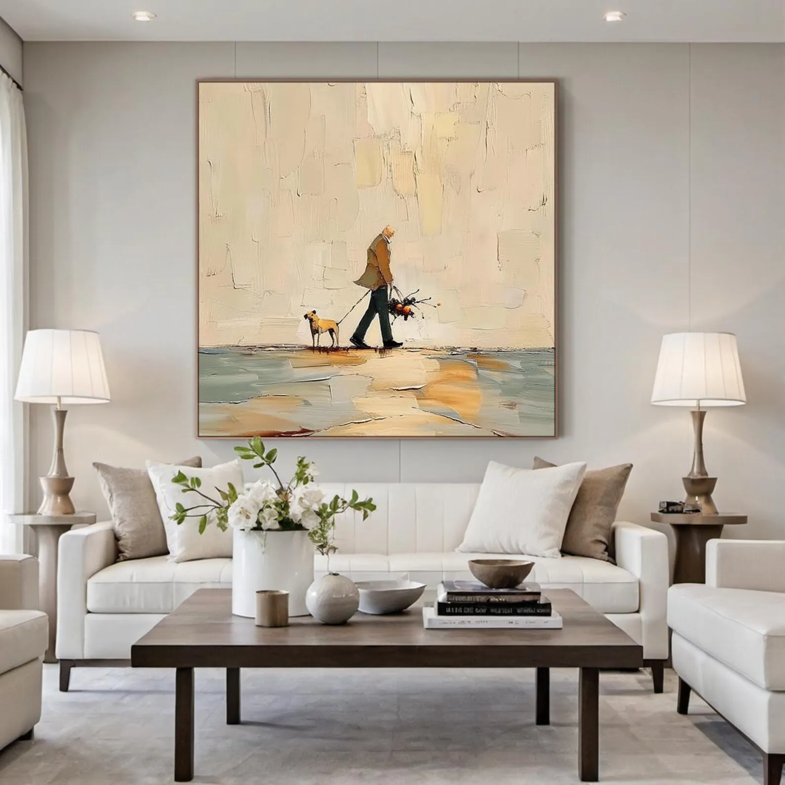 Mhemyo Large Original Minimalist Hand Painted Painting on Canvas Neutral Figurative Wall Art with Man and Dog Modern Home Decor