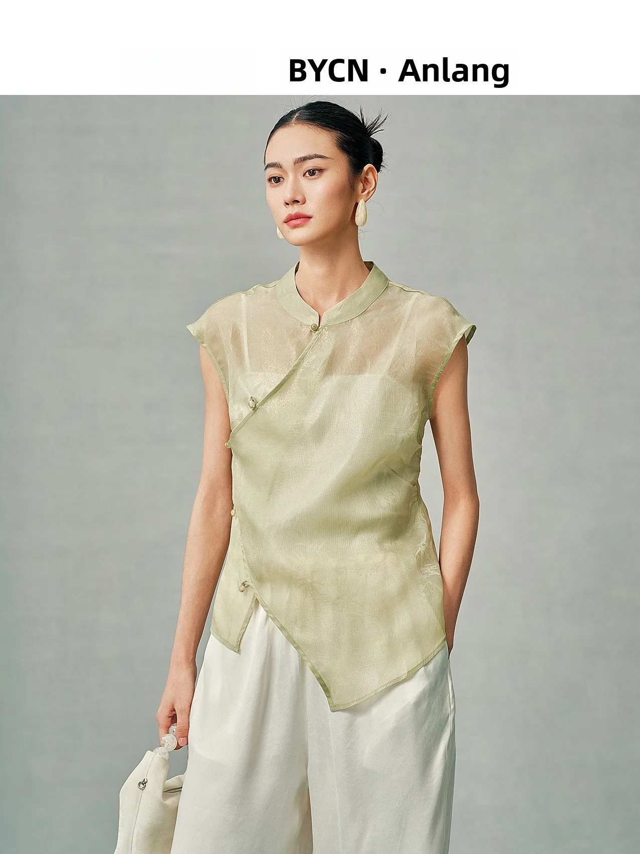Annibycn New Chinese Style Light Thin Micro Transparent Tussah Silk Women's Summer Top with Fly Sleeve Embroidered Shirt