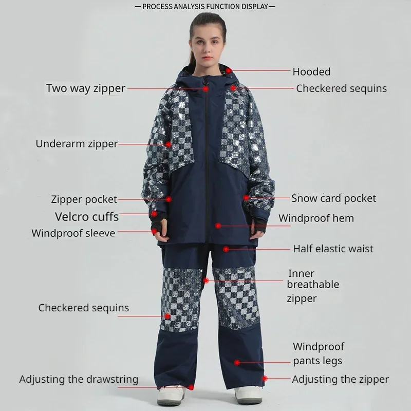 Traje de esquí de lentejuelas sueltas para mujer, chándal cálido a prueba de viento, ropa de nieve para pareja, chaqueta deportiva de esquí, conjunto de pantalones, invierno, nuevo