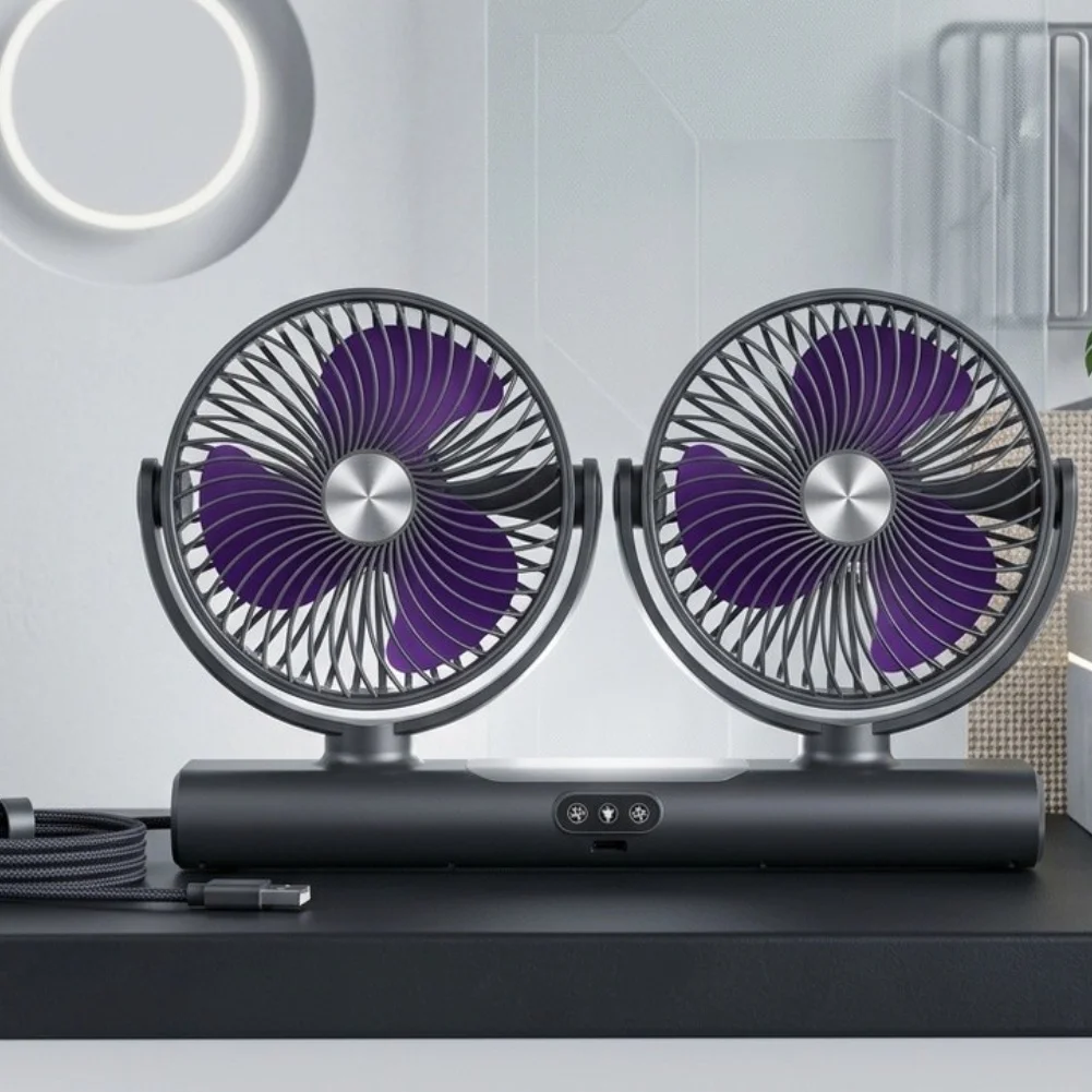 Rechargeable Dual-Head Desk Fan With Night Light 3-Speed Quiet Air Circulation Fan 360° Rotatable For Use In Cars RV And Home