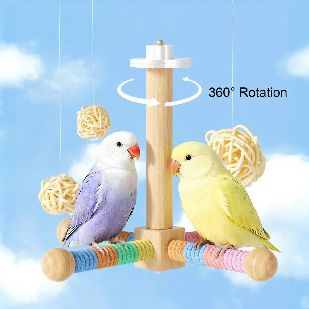 Bird Perch Stand with Toys Rotating Wood Bird Perch Toy Windmill Design Chew Toy Hanging Cage Accessory for Pet Birds Parrots