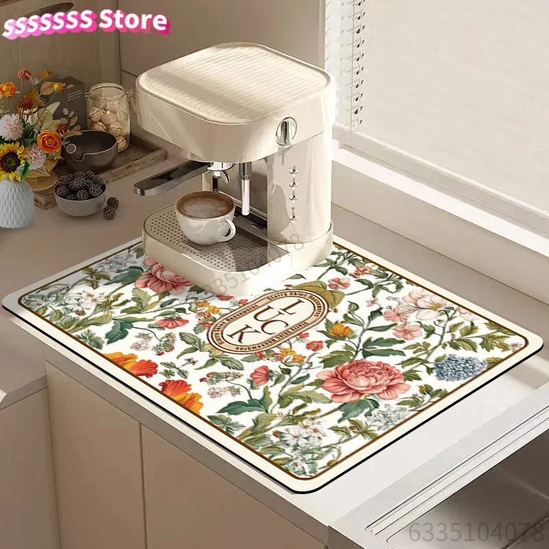 Dish Drying Mat, Floral Pattern Drain Mat, Coffee Machine Mat, Kitchen Tabletop Accessory, Fashion Print Drip Mat, Kitchen Utens