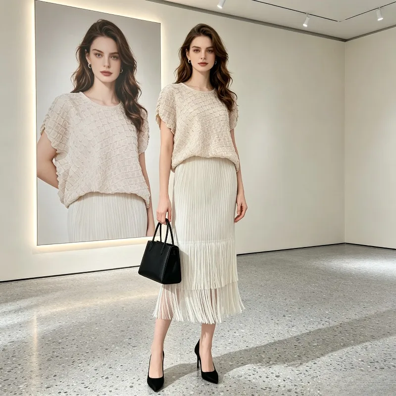Miyake Pleated 2026 New Summer Casual Pleated Women's Fashionable Blue Bodycon Skirt High Waist Double Layer Tassel Skirt Summer