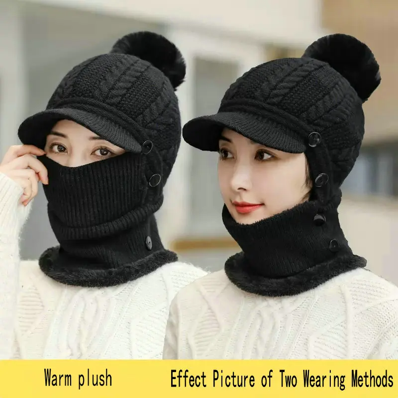 

Coral Fleece Women Knitted Hats Add Fur Warm Winter Hats for Women with Zipper Scarf Keep Face Warmer Balaclava Pompoms Cap