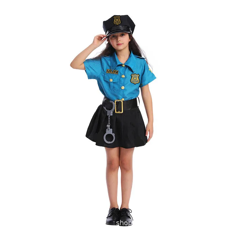 Cute Girl Little Police Game Cosplay Costumes Police Officer Uniform Cool Halloween Dress Up Clothes for Kids Party Performance