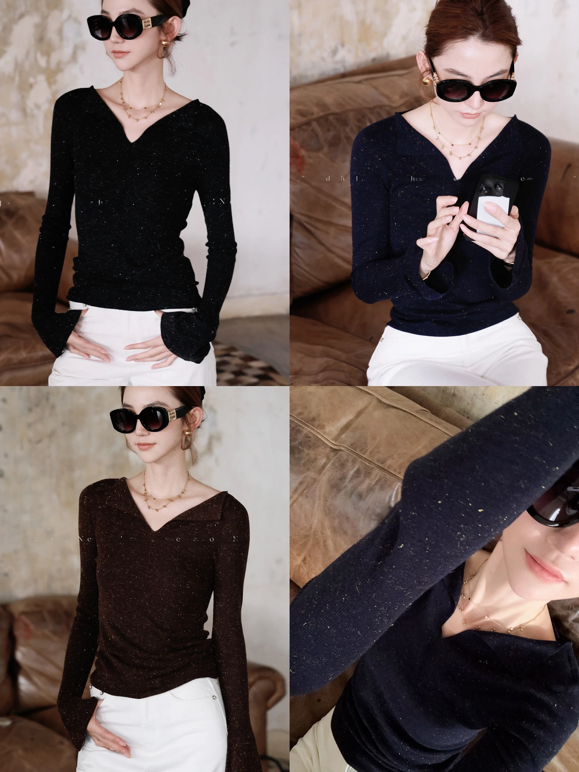 

Needop New Simple Quartet Color Slim Fit V-Ne f Open Collar Base Layer Top for Women Wool Knitted Casual Wear