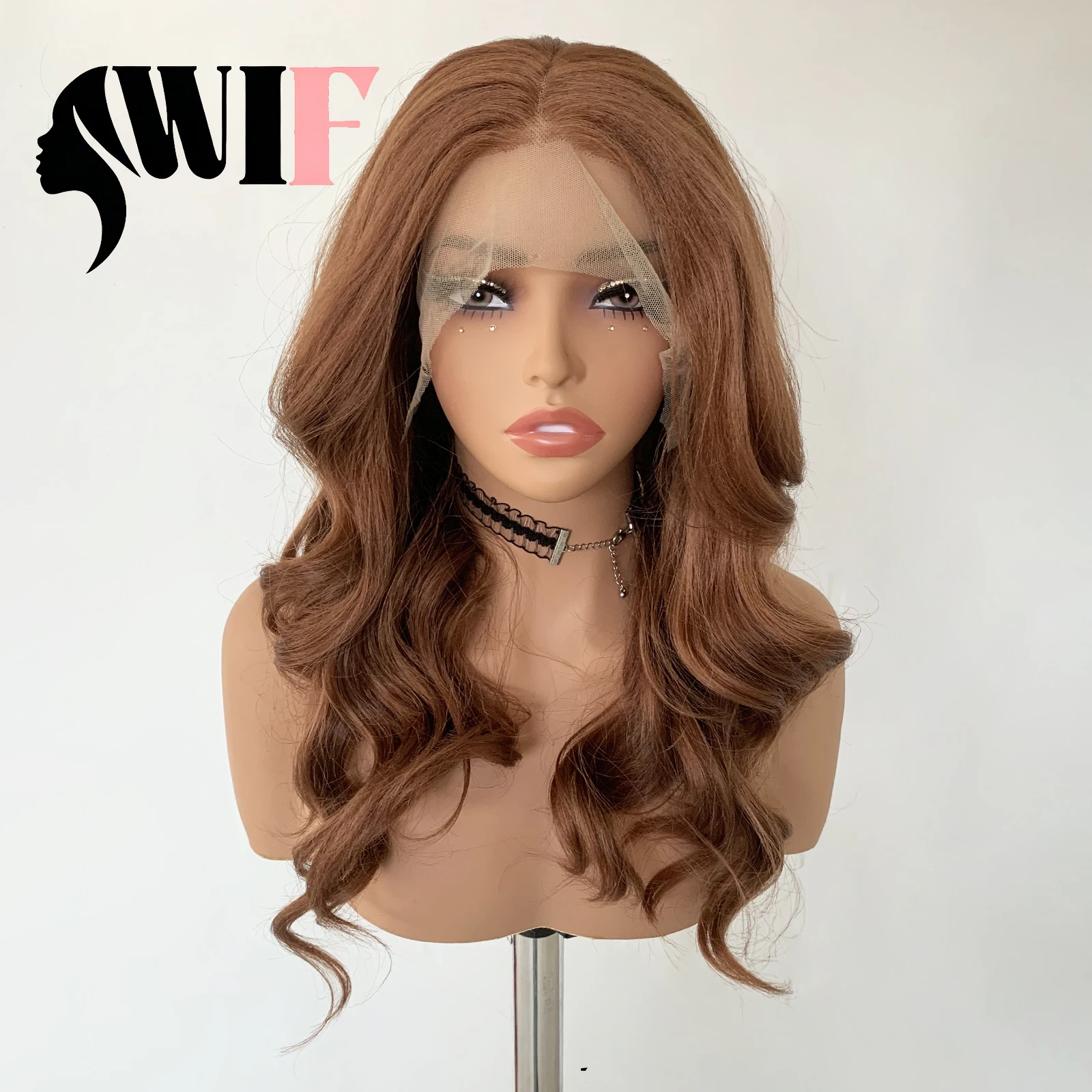

WIF Brown Short Wave Synthetic Wig 13x4 Lace Front Natural Hairline Heat Resistant Fiber for Women Daily Cosplay Party Use